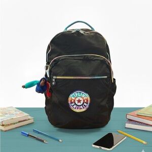 Kipling Seoul Backpack Laptop Travel School Large Bag Truly Black Rainbow, NWT